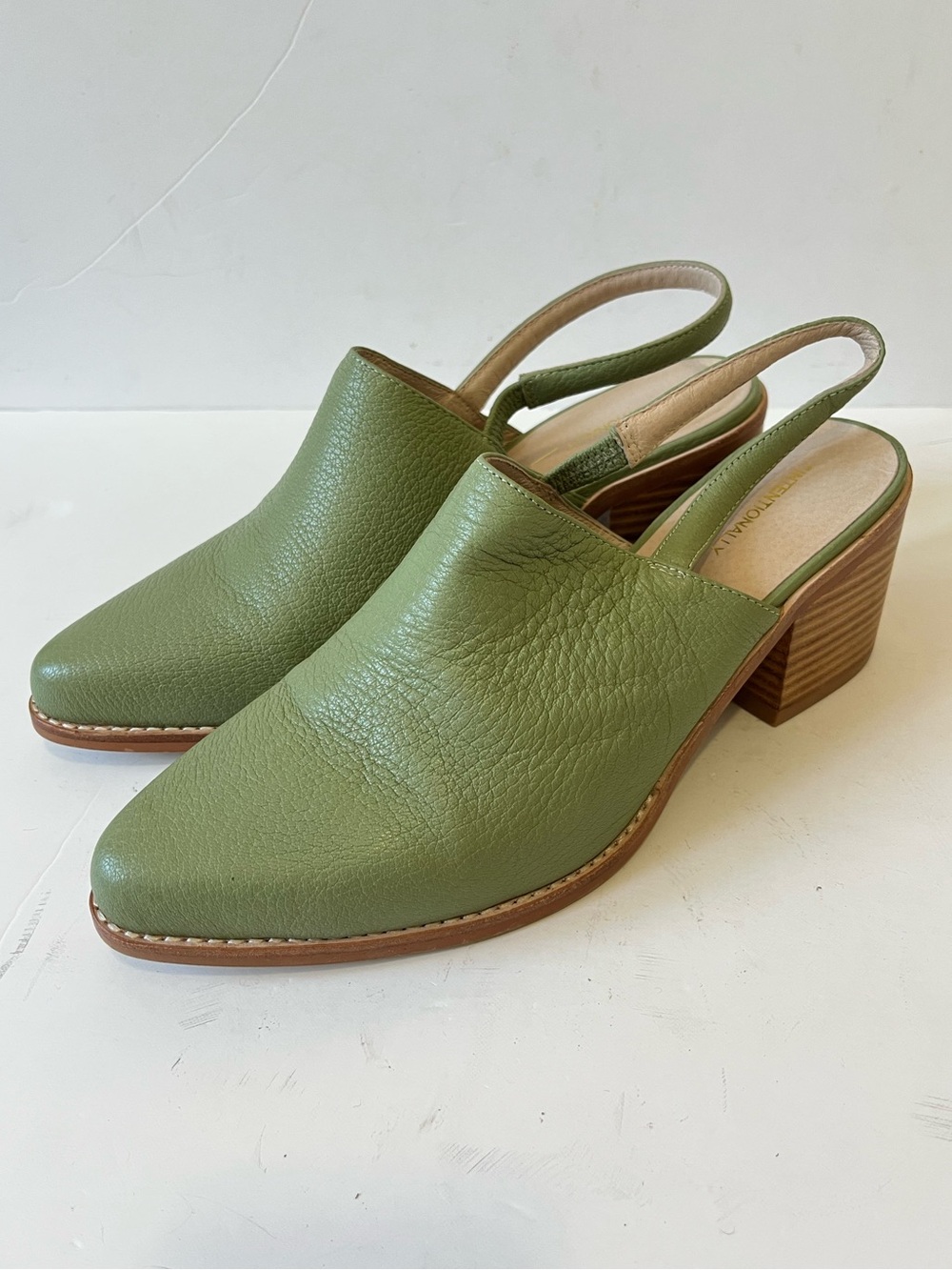 Intentionally Blank Sage Green Leather Slingback Block Heel Mules size 10 - Picture 1 of 9